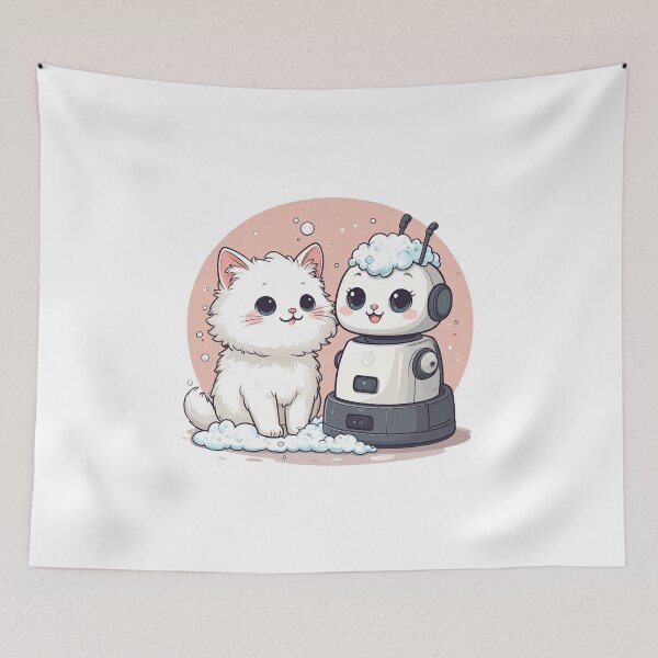 Item preview, Cute White Cat and Robot Vacuum in Foam – Funny Bubble Bath Scene Illustration designed and sold by OksArtStudio.