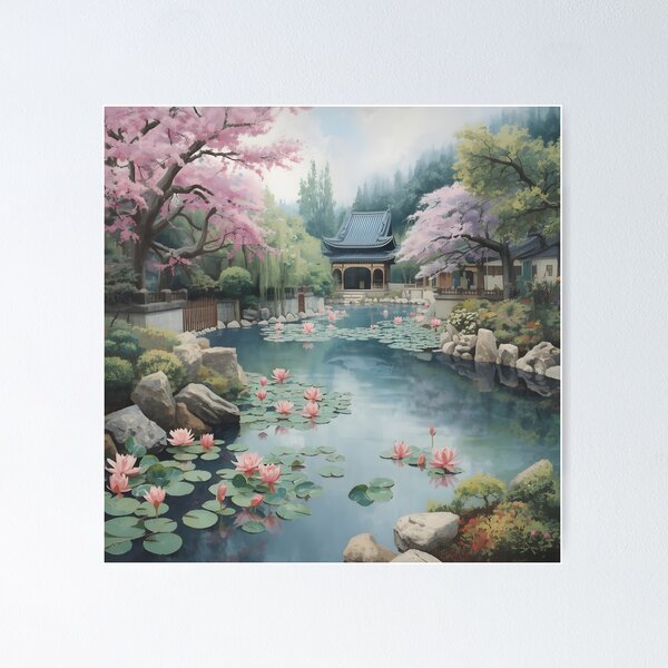 Item preview, Water Lily Garden Pond Painting | Pastel Japanese Floral designed and sold by Niyonadesigns.