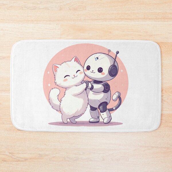 Item preview, Happy White Cat and Robot Vacuum Dancing and Laughing – Cute Minimal Illustration designed and sold by OksArtStudio.
