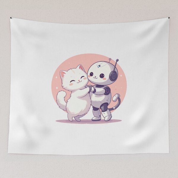 Item preview, Happy White Cat and Robot Vacuum Dancing and Laughing – Cute Minimal Illustration designed and sold by OksArtStudio.