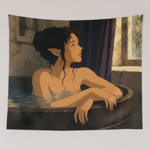 Item preview, Elf Bathhouse Serenity – Fantasy Anime Elf Girl Art designed and sold by  Hollow Moon Studios..