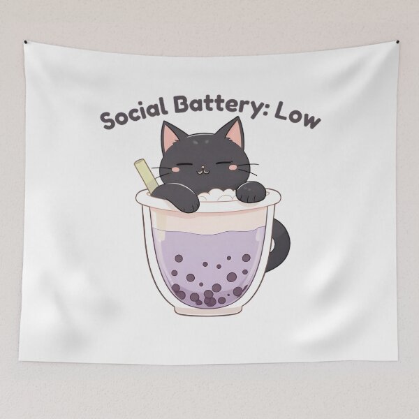 Item preview, Social Battery Low Black Cat Boba Tea designed and sold by tommysworks.