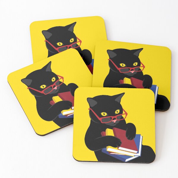Item preview, Black cat reading book sticker illustration in bold yellow pop art style bookworm gift designed and sold by littleluckystuf.