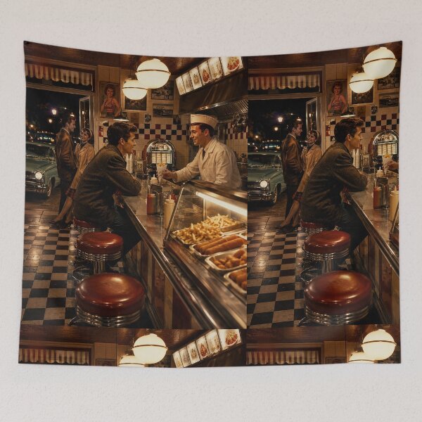 Item preview, 1950s American Diner at Night – Retro Rockabilly Fast Food Wall Art designed and sold by Hookesmode.