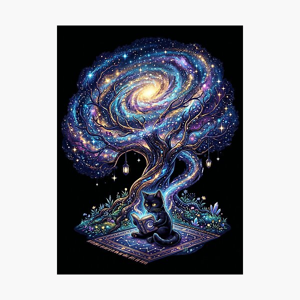 Item preview, Black Cat Reading Beneath Galaxy Tree Fantasy T-Shirt designed and sold by MERAKISL.