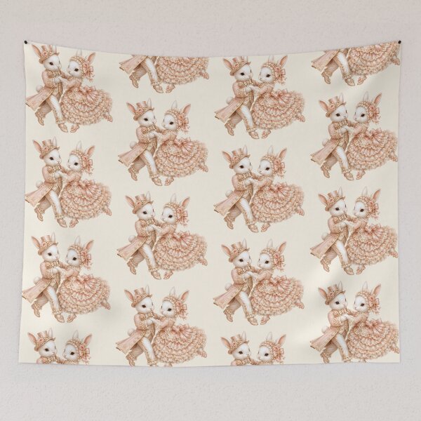 Item preview, Romantic Coquette Bunny Couple Dancing in Victorian Lace Wedding Attire with Pink Roses, Pearls and Shabby Chic Cottagecore Elegance designed and sold by looplandger.