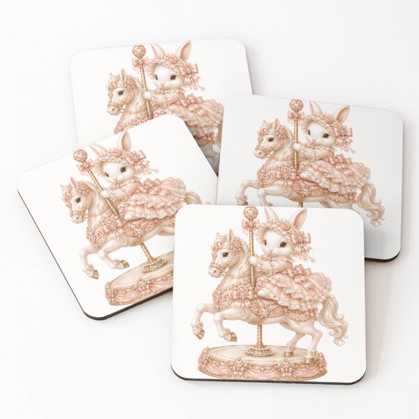 Item preview, Enchanting Coquette Bunny Riding a Romantic Carousel Horse in Victorian Lace Dress with Pink Roses, Pearls and Rococo Fairytale Elegance designed and sold by looplandger.