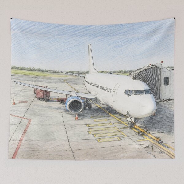 Item preview, Commercial Airplane at Airport - Pencil Illustration designed and sold by EMairplanes.