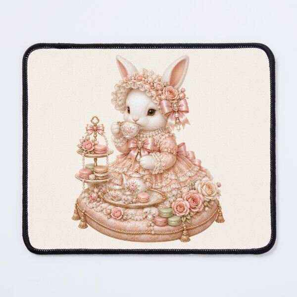 Item preview, Luxury Coquette Bunny Tea Party with Macarons, Vintage Rose Teaset, Pearls and Victorian Shabby Chic Cottagecore Elegance designed and sold by looplandger.