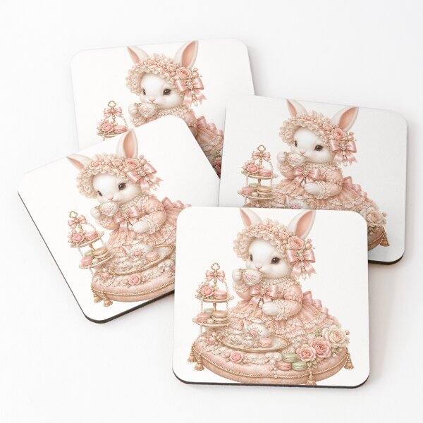 Item preview, Luxury Coquette Bunny Tea Party with Macarons, Vintage Rose Teaset, Pearls and Victorian Shabby Chic Cottagecore Elegance designed and sold by looplandger.