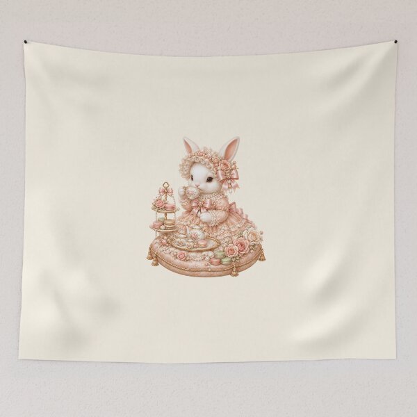 Item preview, Luxury Coquette Bunny Tea Party with Macarons, Vintage Rose Teaset, Pearls and Victorian Shabby Chic Cottagecore Elegance designed and sold by looplandger.