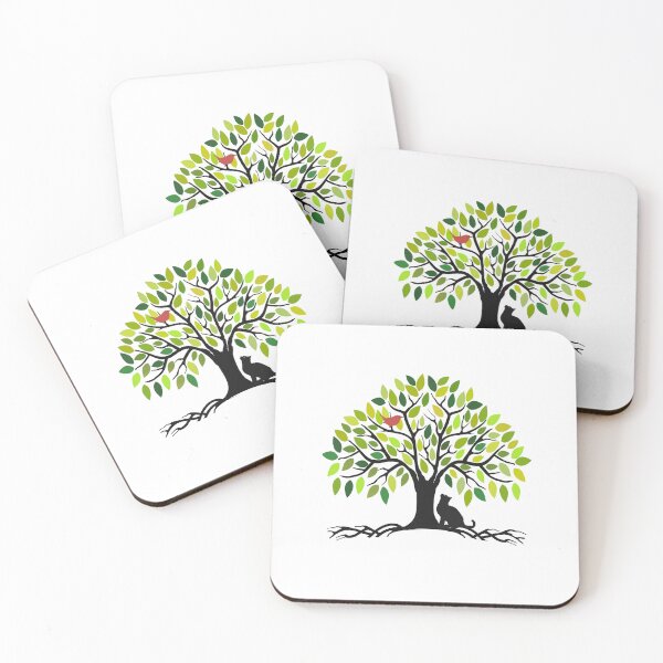 Item preview, TREE OF LIFE, GREEN SUMMER LEAVES, CAT & RED BIRD, BOHO NATURE ART designed and sold by classic car craze.