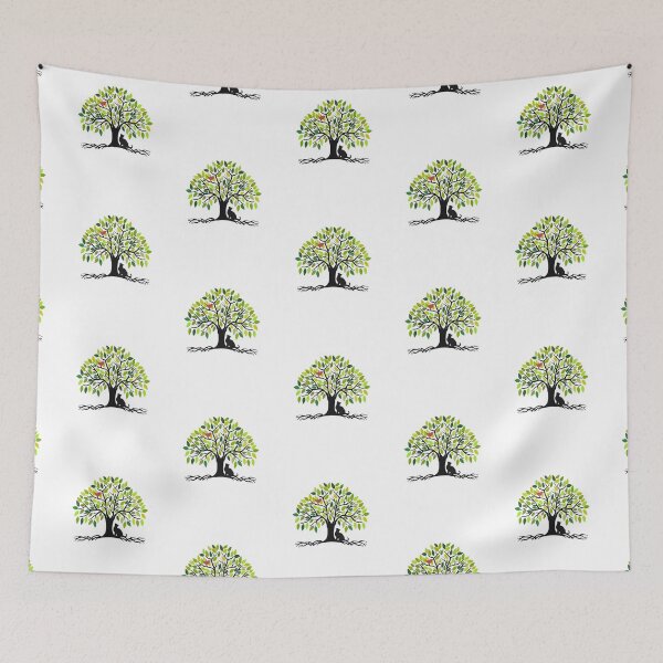 Item preview, TREE OF LIFE, GREEN SUMMER LEAVES, CAT & RED BIRD, BOHO NATURE ART designed and sold by classic car craze.