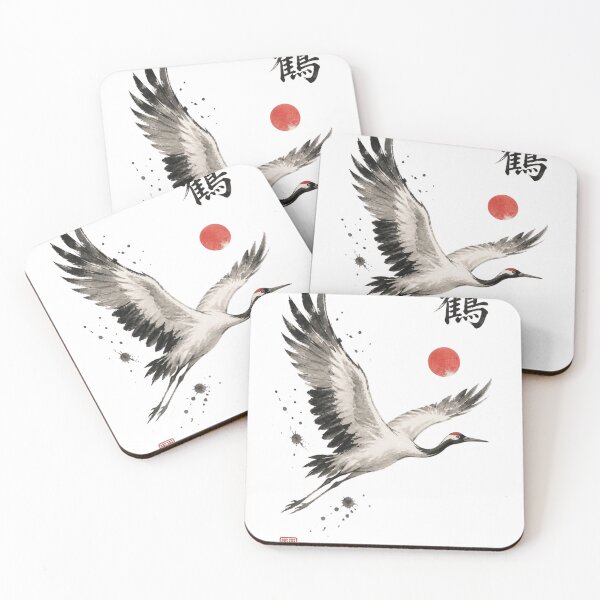 Item preview, Japanese Crane Sumi-e Ink Wash — Tsuru Rising Sun Kanji Art White designed and sold by 一期一会製作所.