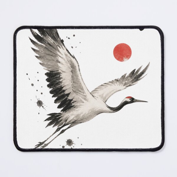 Item preview, Japanese Crane Sumi-e Ink Wash — Tsuru Rising Sun Kanji Art White designed and sold by 一期一会製作所.