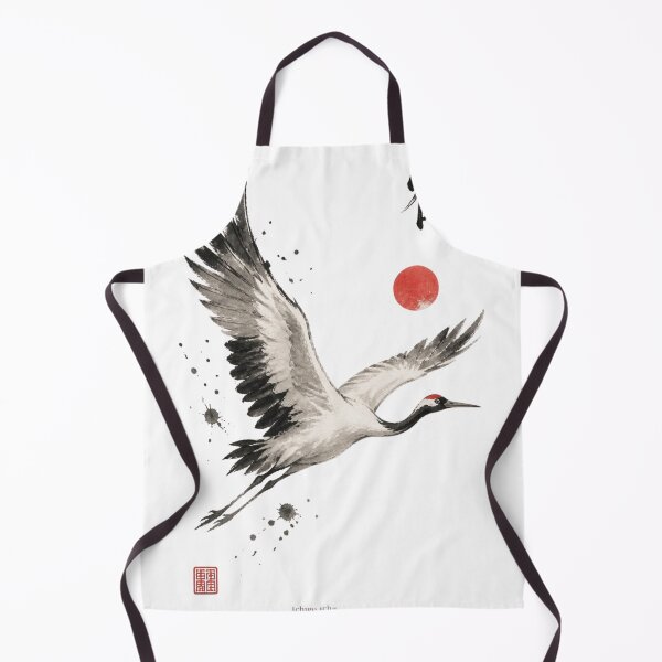 Item preview, Japanese Crane Sumi-e Ink Wash — Tsuru Rising Sun Kanji Art White designed and sold by 一期一会製作所.