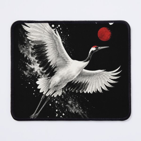 Item preview, Japanese Crane Sumi-e Ink Wash — Tsuru Rising Sun Kanji Art Black Edition designed and sold by 一期一会製作所.
