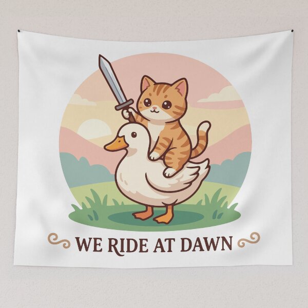 Item preview, We Ride At Dawn Cute Cat Riding A Duck With Sword designed and sold by banglalook.
