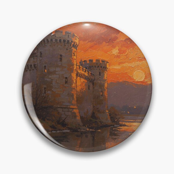 Item preview, Fiery Castle Sunset Reflection Landscape Painting | Medieval Fortress by the River | Dramatic Orange Sky Fantasy Art designed and sold by cr6zym1nd.