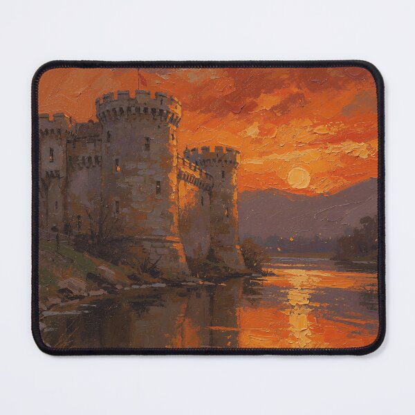 Item preview, Fiery Castle Sunset Reflection Landscape Painting | Medieval Fortress by the River | Dramatic Orange Sky Fantasy Art designed and sold by cr6zym1nd.