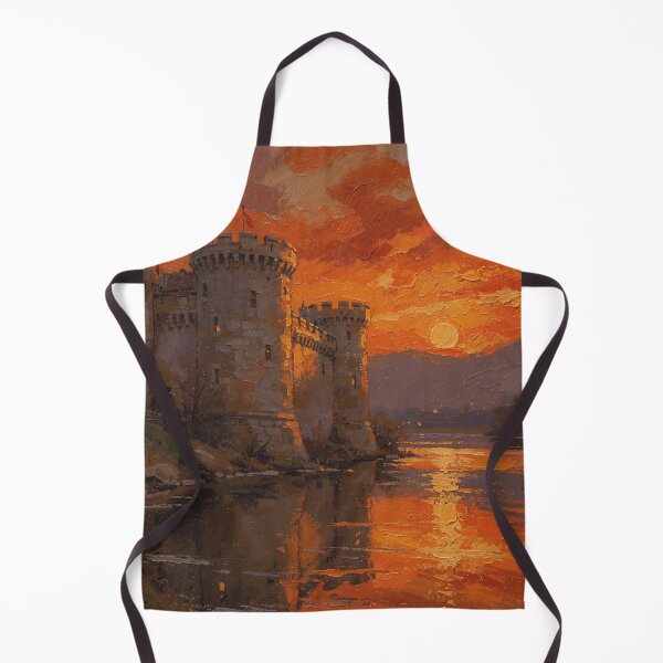 Item preview, Fiery Castle Sunset Reflection Landscape Painting | Medieval Fortress by the River | Dramatic Orange Sky Fantasy Art designed and sold by cr6zym1nd.