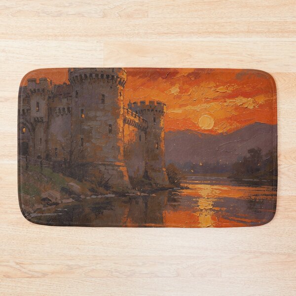 Item preview, Fiery Castle Sunset Reflection Landscape Painting | Medieval Fortress by the River | Dramatic Orange Sky Fantasy Art designed and sold by cr6zym1nd.
