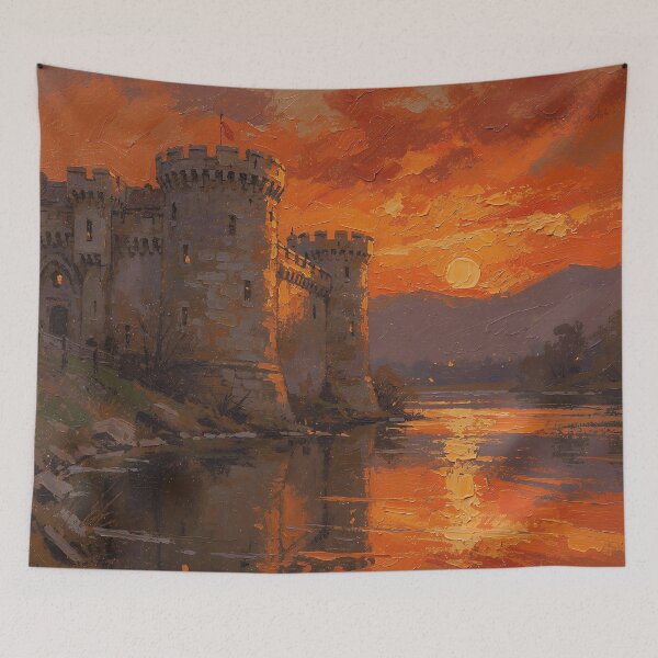 Item preview, Fiery Castle Sunset Reflection Landscape Painting | Medieval Fortress by the River | Dramatic Orange Sky Fantasy Art designed and sold by cr6zym1nd.