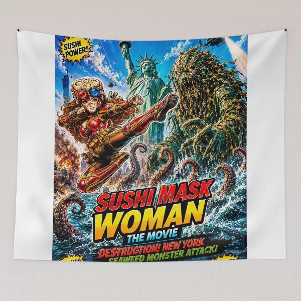Item preview, SUSHI MASK WOMAN THE MOVIE: Seaweed Monster Invasion! NYC in Ruins? designed and sold by Surreal Characters & Cute Pups.
