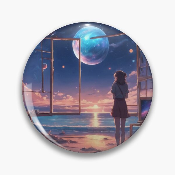 Item preview, Anime Girl Watching Cosmic Moon Beach Sunset Fantasy Art designed and sold by UmSkelig834.