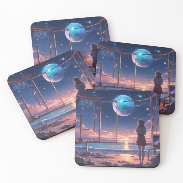 Item preview, Anime Girl Watching Cosmic Moon Beach Sunset Fantasy Art designed and sold by UmSkelig834.