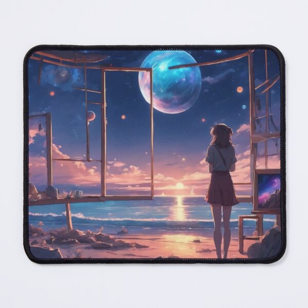 Item preview, Anime Girl Watching Cosmic Moon Beach Sunset Fantasy Art designed and sold by UmSkelig834.