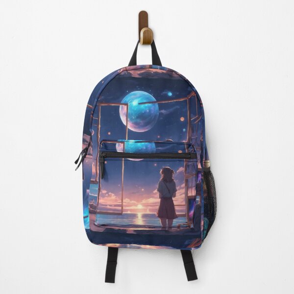 Item preview, Anime Girl Watching Cosmic Moon Beach Sunset Fantasy Art designed and sold by UmSkelig834.