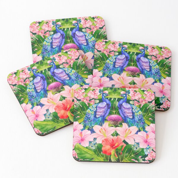 Item preview, Blue Peacock floral design- Tropical watercolor bird art with pink flowers designed and sold by Justyna93.