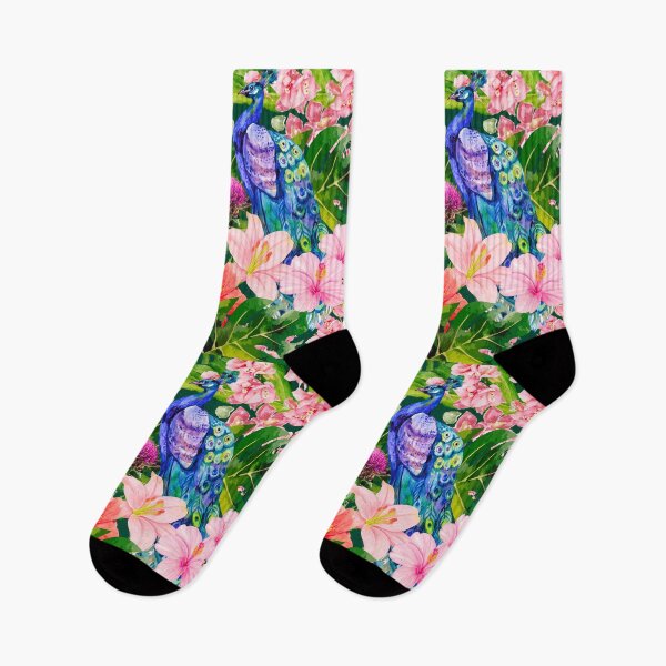 Item preview, Blue Peacock floral design- Tropical watercolor bird art with pink flowers designed and sold by Justyna93.