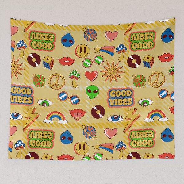 Item preview, good vibes alien groovy pop art 1970s plaid designed and sold by Gossip Rag.