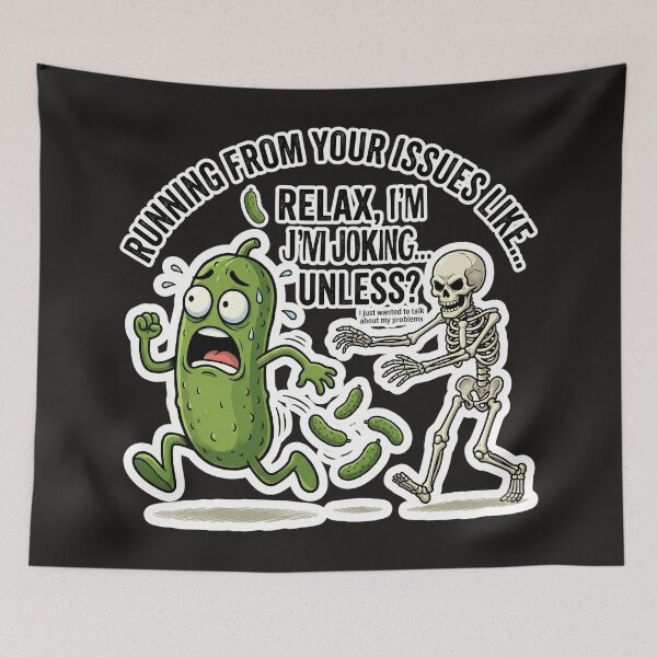 Item preview, Funny Pickle Running From Issues Skeleton Meme designed and sold by Basma Designs | Funny Shirts, Stickers & Mugs.