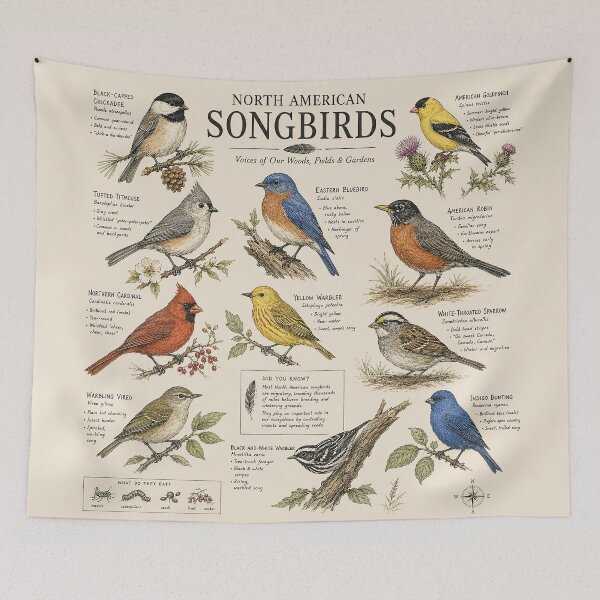 Item preview, North American Songbirds – Vintage Birdwatching Field Guide Illustration | Cardinal Bluebird Chickadee Goldfinch Nature Art Shirt designed and sold by DiamondSkyShirt.