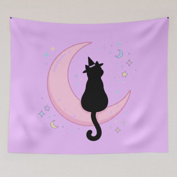 Item preview, Black Cat Sitting on Pink Moon Kawaii Gothic Witchy designed and sold by CozyDesignsCo.
