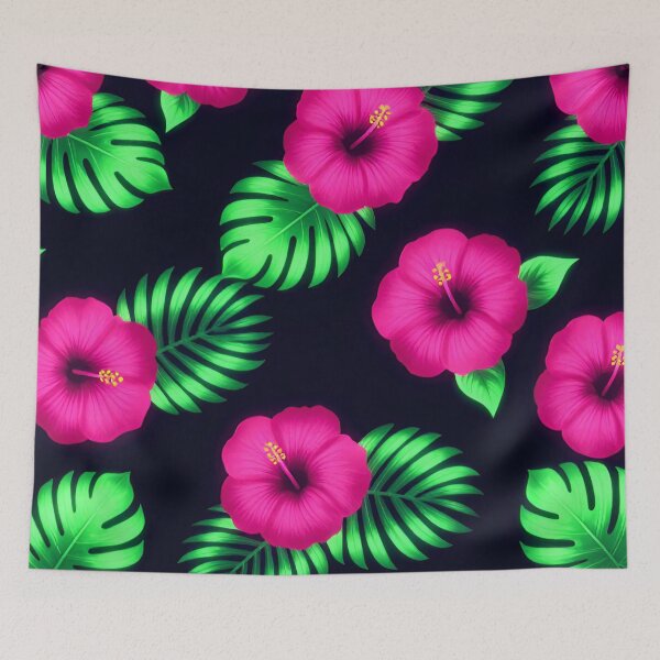 Item preview, Tropical Neon Hibiscus and Palm Leaves Pattern designed and sold by Owcomm.
