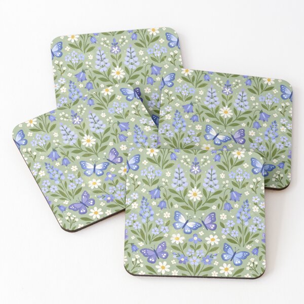 Item preview, Blue Butterflies and Wildflowers Folk Art Pattern designed and sold by Owcomm.