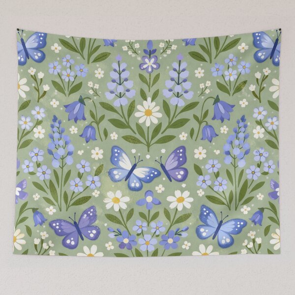 Item preview, Blue Butterflies and Wildflowers Folk Art Pattern designed and sold by Owcomm.