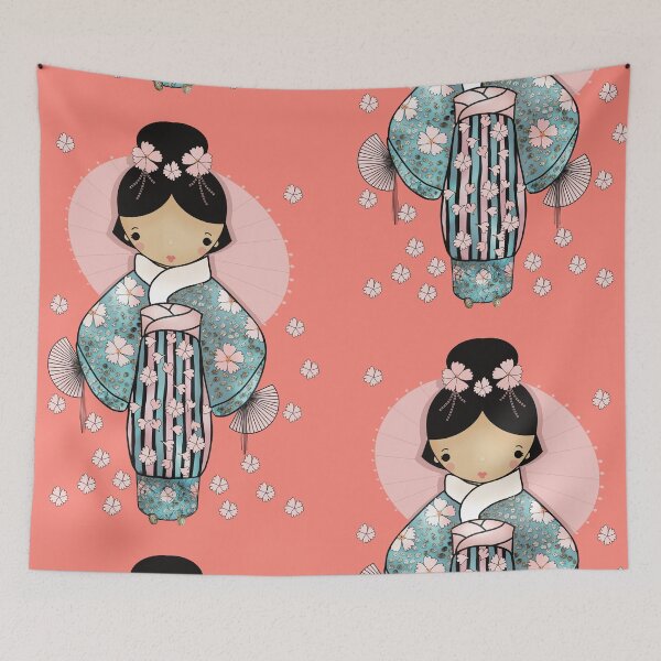 Item preview, Vintage Retro Kawaii Japanese Geisha Girl Traditional Cherry Blossom Kimono designed and sold by Karin Taylor.