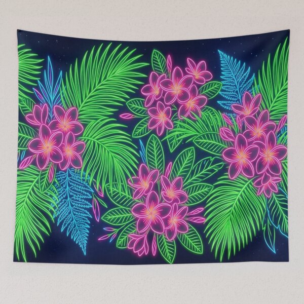 Item preview, Neon Tropical Flowers and Palm Leaves Night Garden designed and sold by Owcomm.