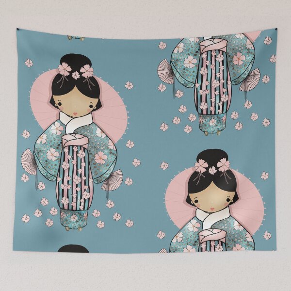 Item preview, Vintage Retro Kawaii Japanese Geisha Girl Traditional Cherry Blossom Kimono designed and sold by Karin Taylor.