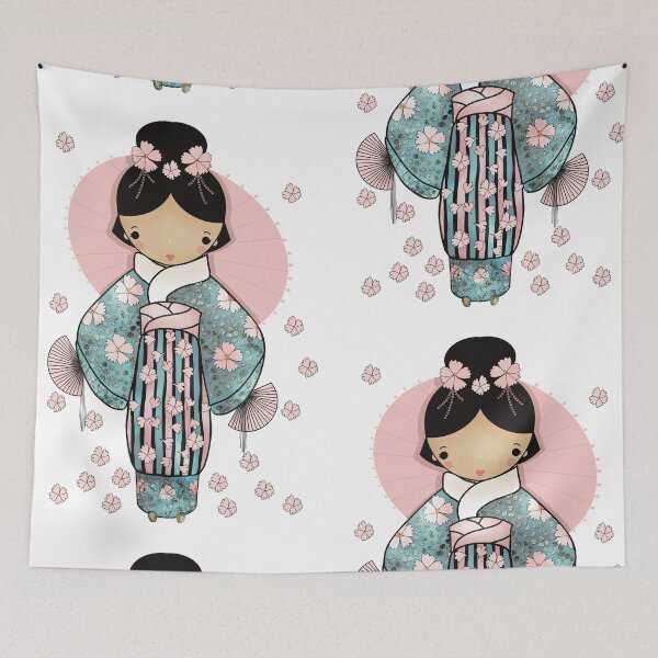 Item preview, Vintage Retro Kawaii Japanese Geisha Girl Traditional Cherry Blossom Kimono designed and sold by Karin Taylor.