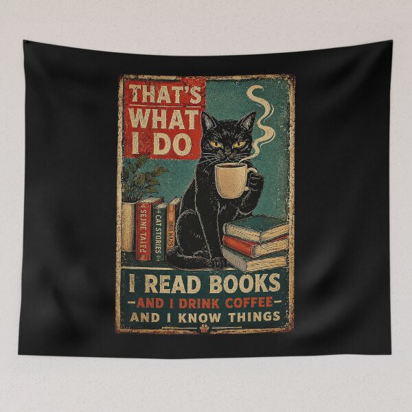 Item preview, Black Cat Reading Books and Coffee Vintage Library Poster designed and sold by eliramaison.