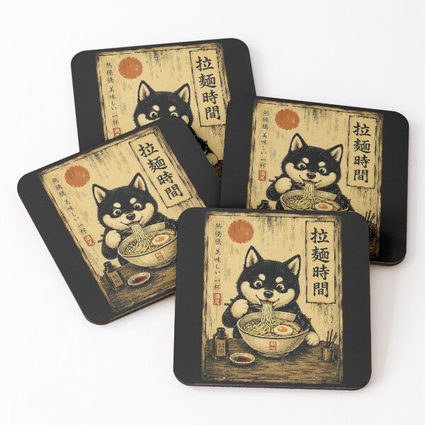 Item preview, Hungry Shiba Eating Ramen in Vintage Japanese Noodle Poster designed and sold by ferminhays.