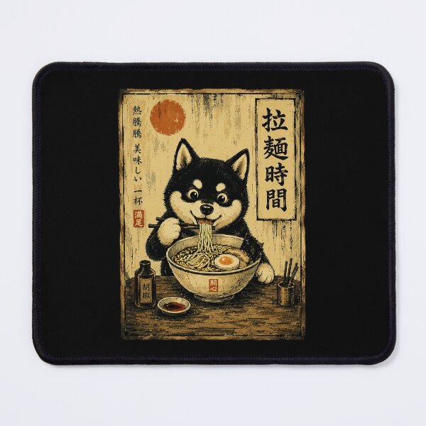 Item preview, Hungry Shiba Eating Ramen in Vintage Japanese Noodle Poster designed and sold by ferminhays.