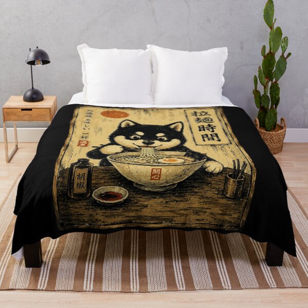 Item preview, Hungry Shiba Eating Ramen in Vintage Japanese Noodle Poster designed and sold by ferminhays.