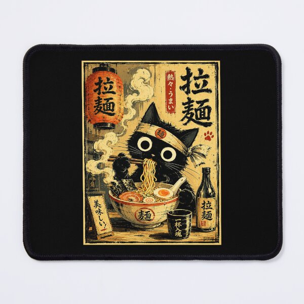 Item preview, Wide Eyed Black Cat Enjoying Ramen Under Vintage Lantern Glow designed and sold by ferminhays.